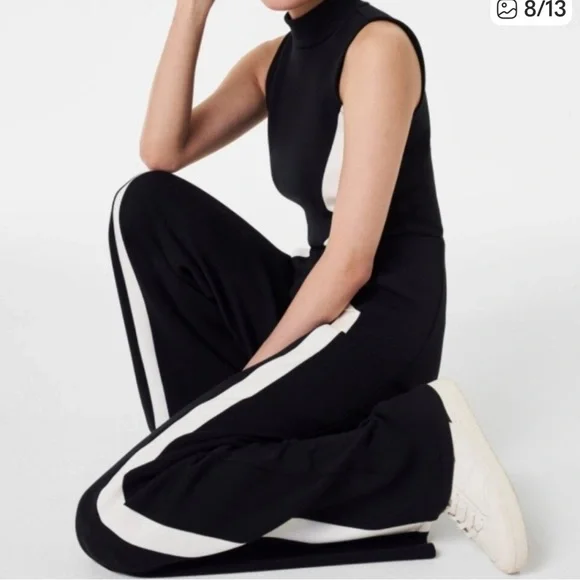 Spanx AirEssentials Mock Neck Striped Track Jumpsuit Very Black Wide Leg Size 2X - Picture 14 of 14